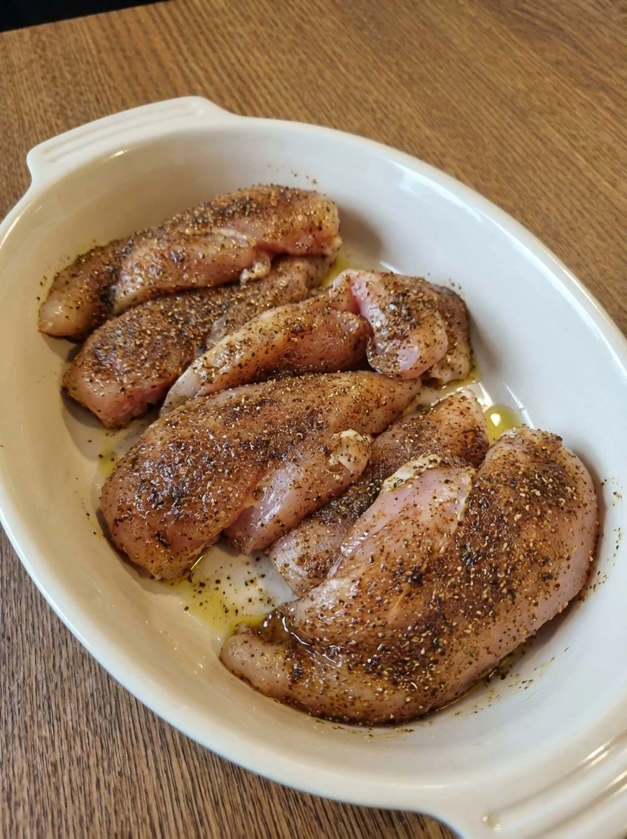 Seasoned chicken breasts resting to marinate