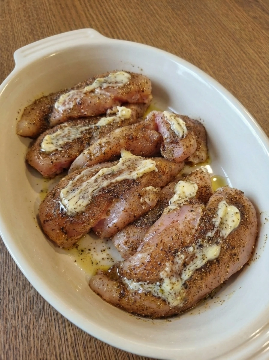 Seasoned chicken breasts arranged in a baking dish