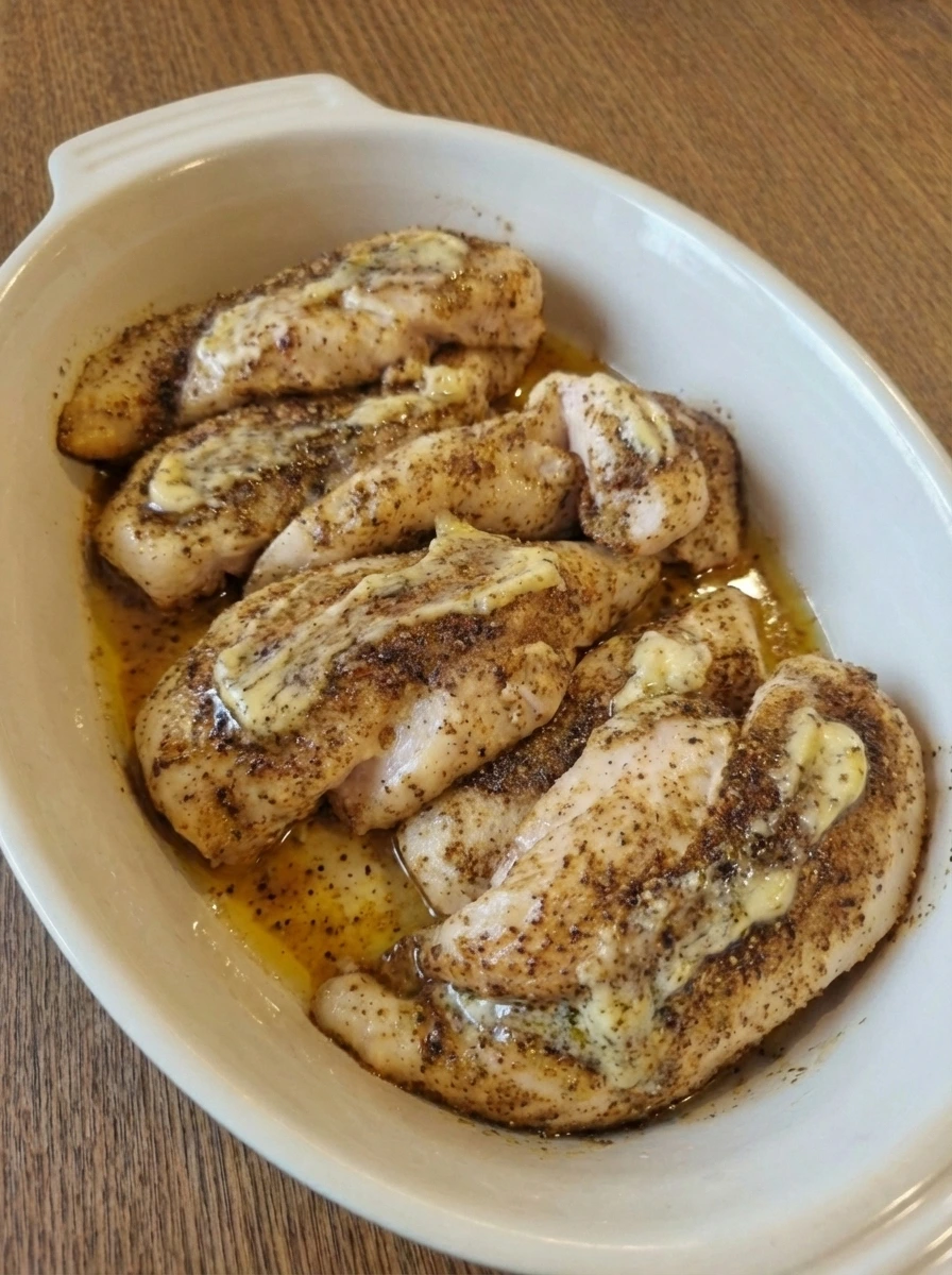 Partially baked chicken breasts with softened glossy seasoning