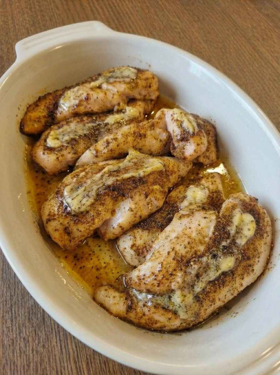 Baked chicken breasts with light golden brown spots in a baking dish
