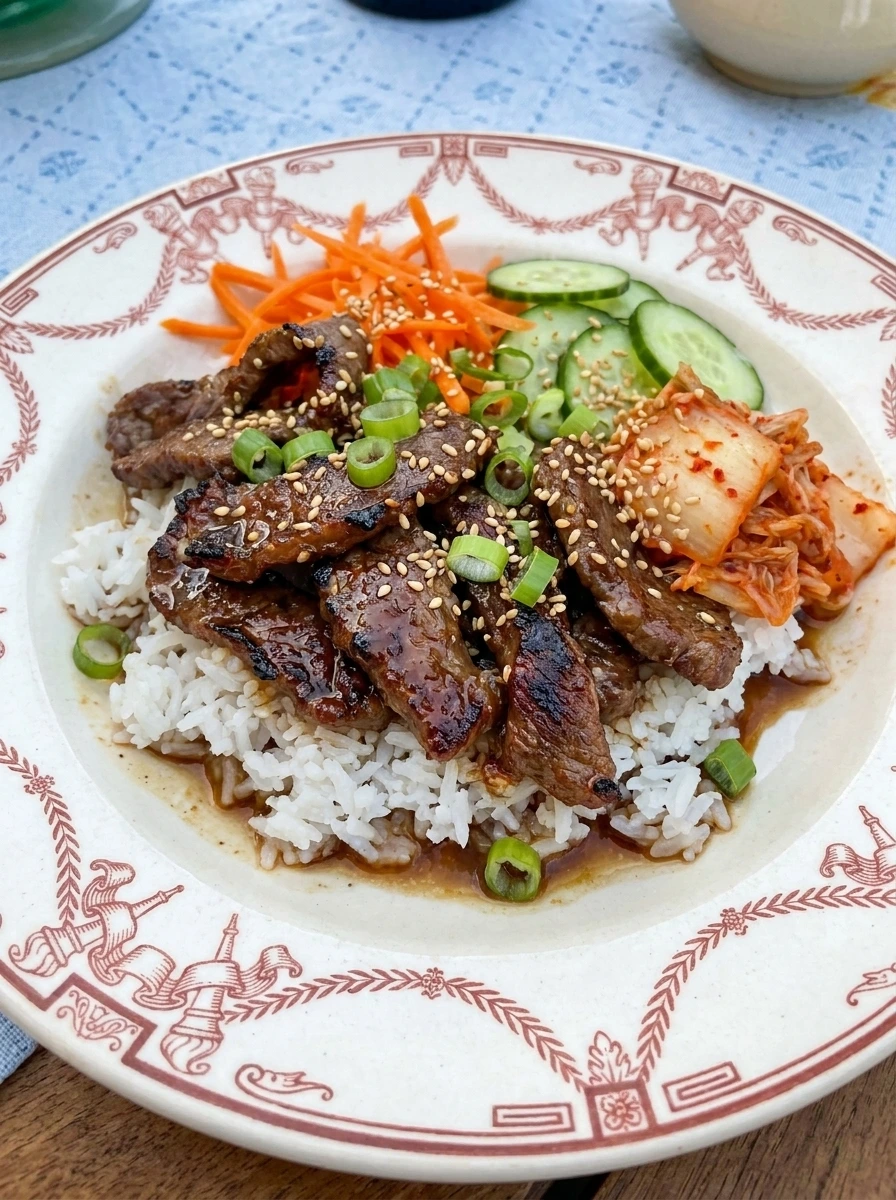 Korean Beef Bulgogi Bowl with browned beef rice cucumbers carrots kimchi and sesame seeds on a white plate