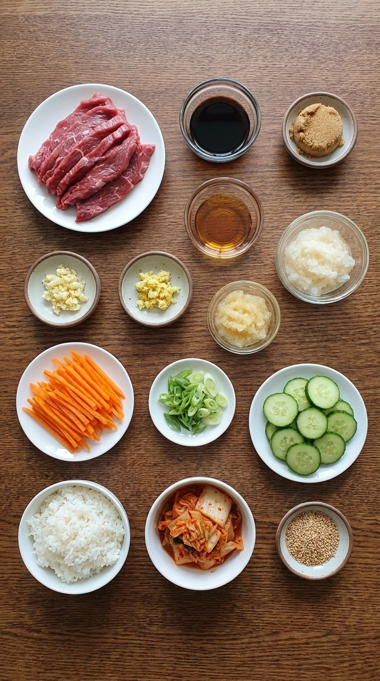Raw ingredients for Korean Beef Bulgogi Bowl arranged in separate small containers