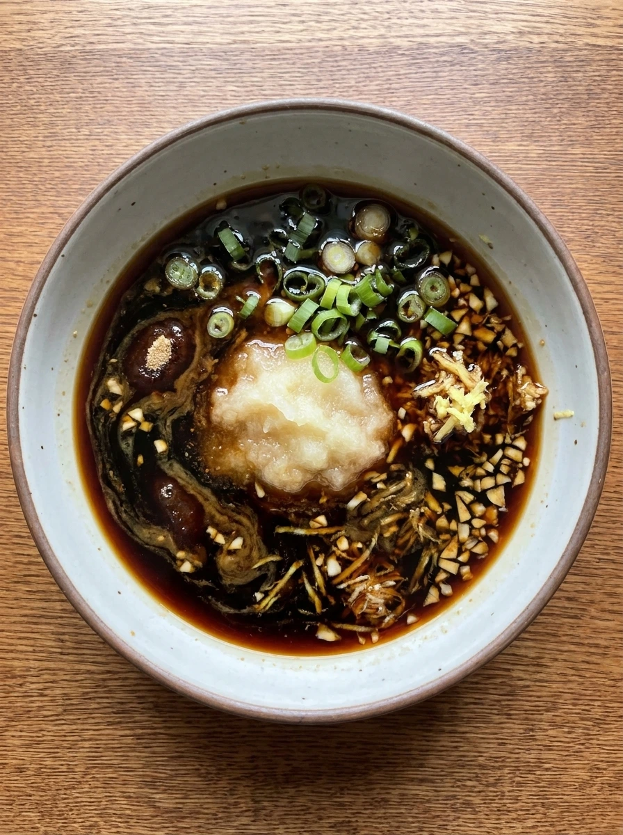 Glossy bulgogi marinade with garlic ginger pear and green onions in a mixing bowl