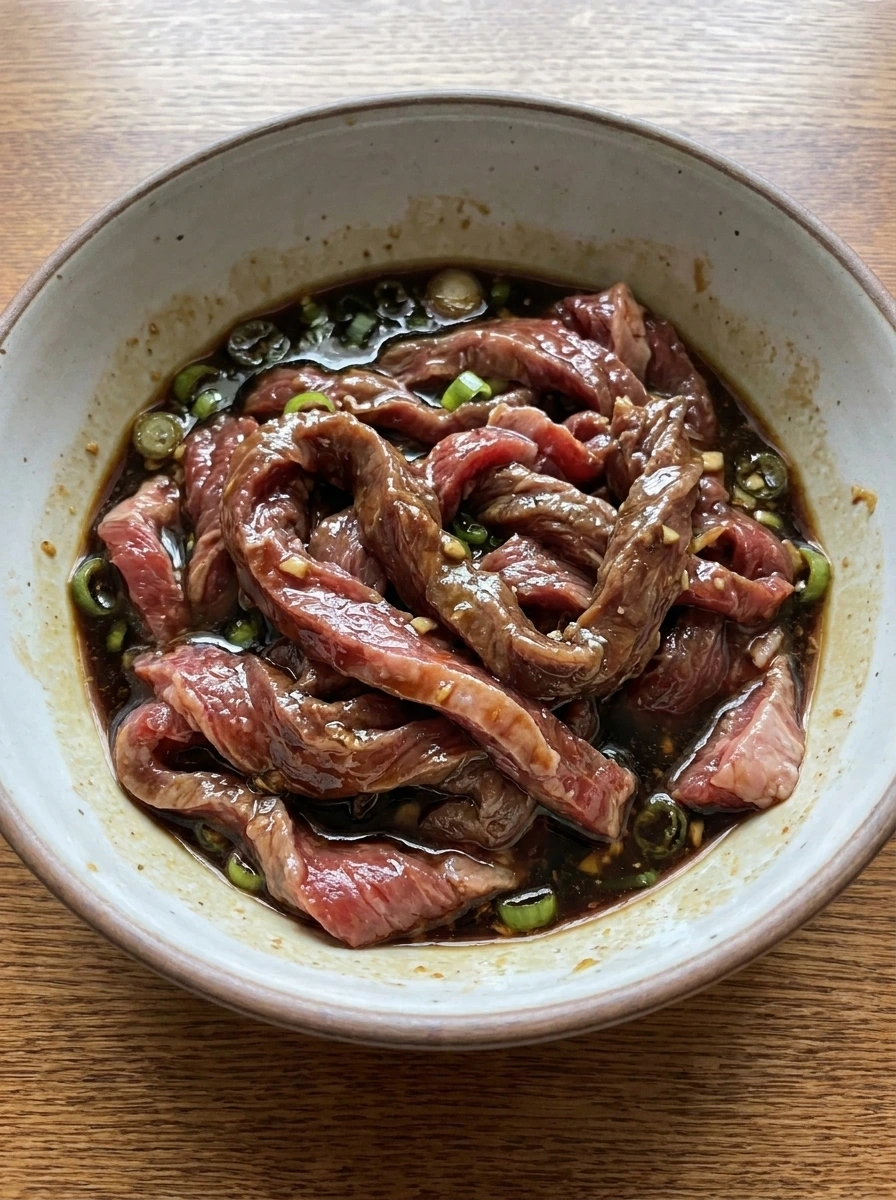 Thin sliced beef coated in bulgogi marinade in a mixing bowl
