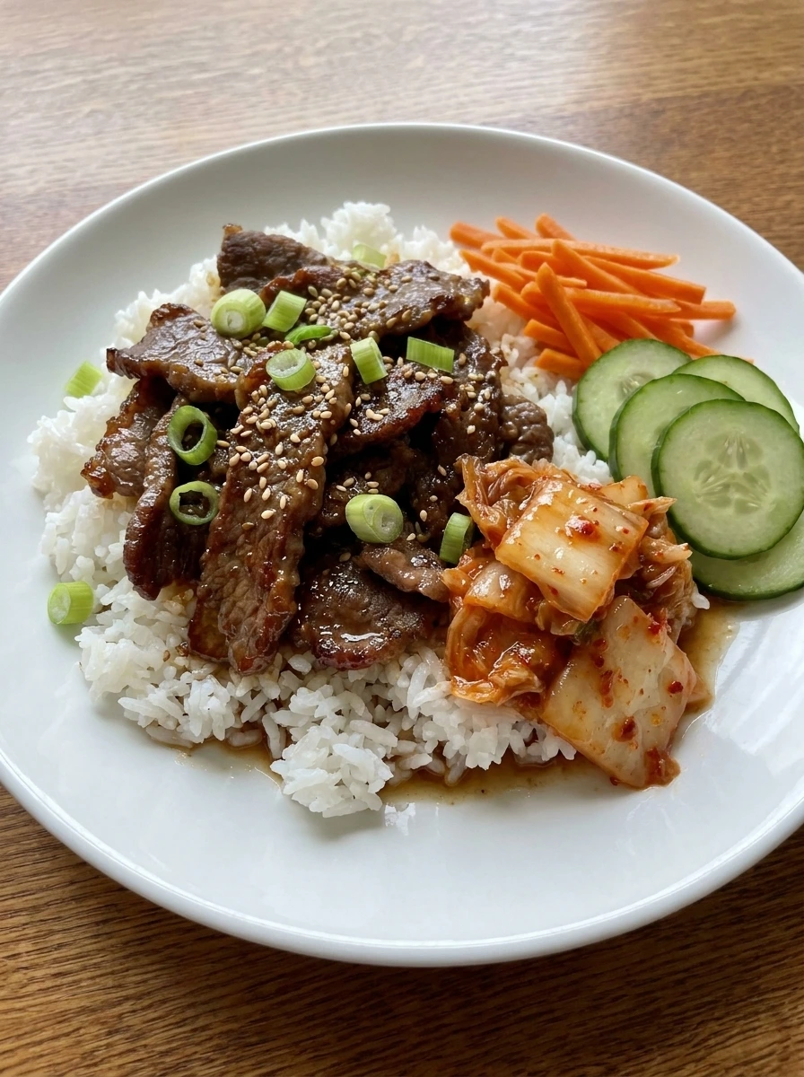 Finished Korean Beef Bulgogi Bowl with sesame seeds and green onions
