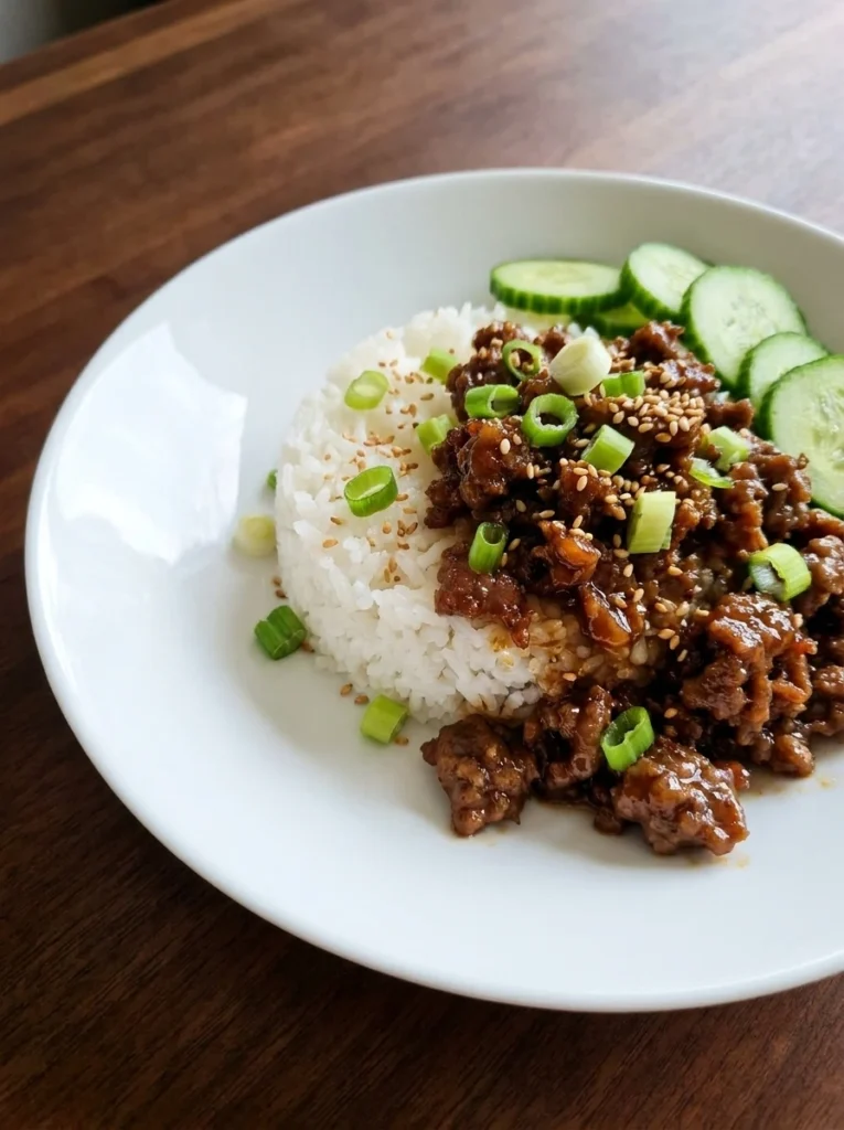 Korean Ground Beef Bowl with rice browned beef cucumber green onions and sesame seeds on a white plate