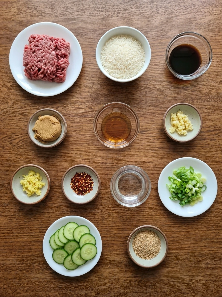 Raw ingredients for Korean Ground Beef Bowl arranged in separate small containers