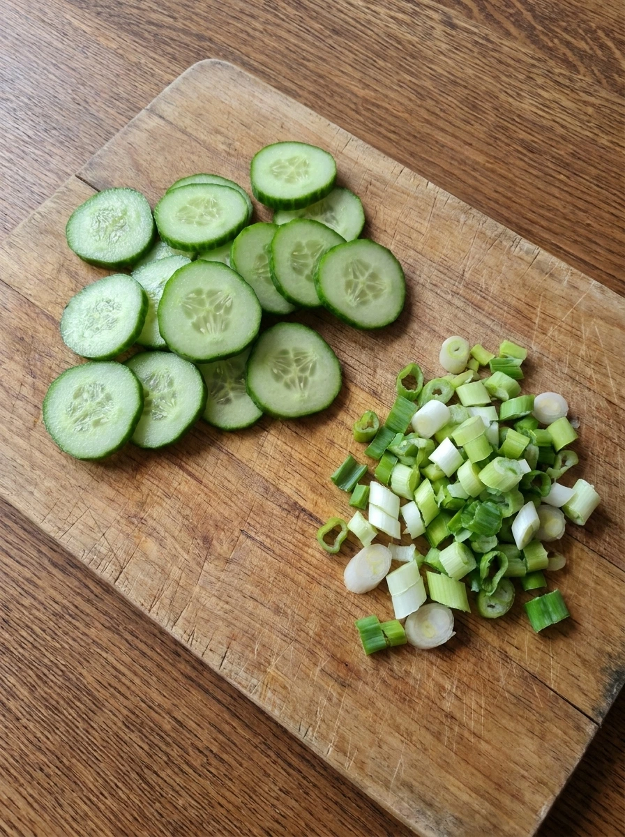 Sliced cucumber and green onions for Korean Ground Beef Bowl
