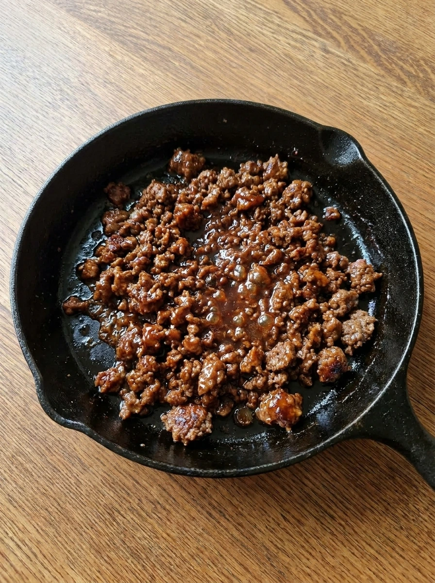 Ground beef coated in glossy sauce for Korean Ground Beef Bowl