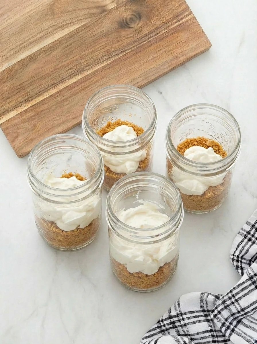 Layering graham crumbs and cheesecake filling in jars