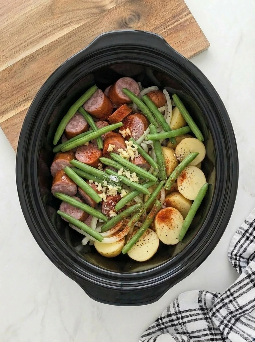 Fresh green beans layered with smoked pork kielbasa potatoes and onion