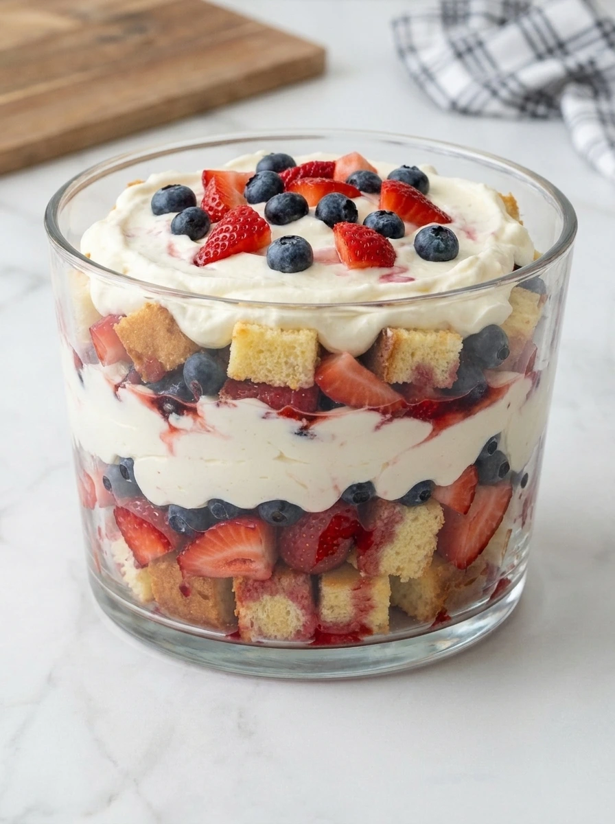 Layering cake, berries and cream in a red white and blue trifle.