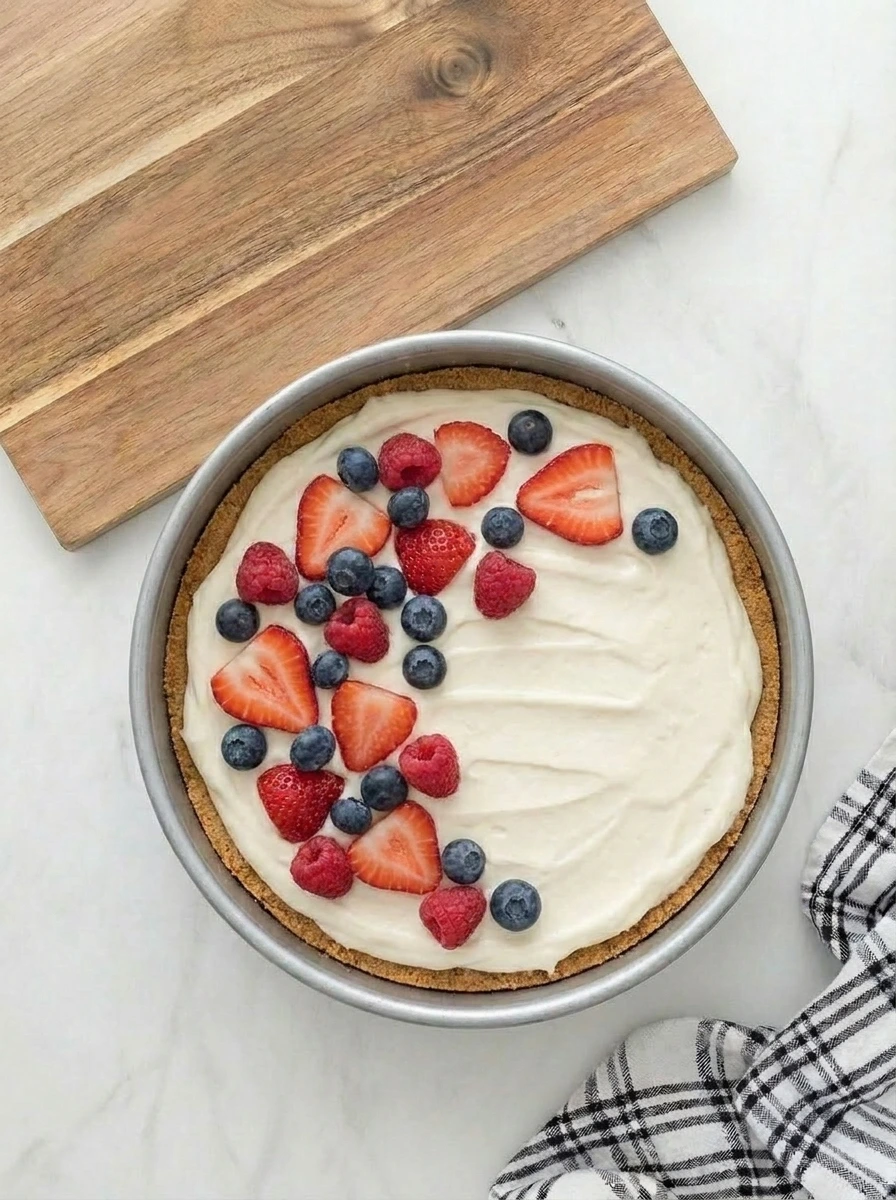 Cheesecake filling layered with fresh strawberries blueberries and raspberries before baking.