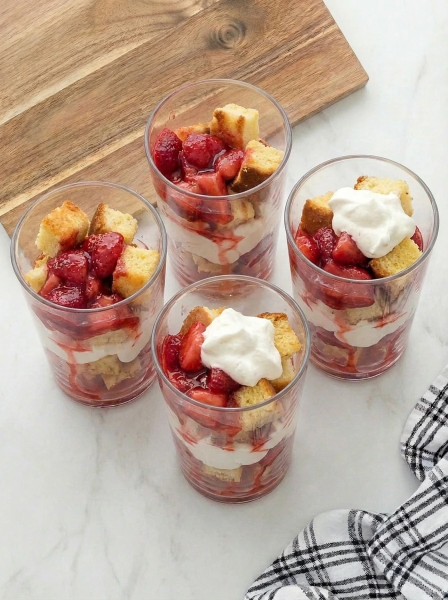 Clear cups layered with toasted pound cake, strawberries and whipped cream.