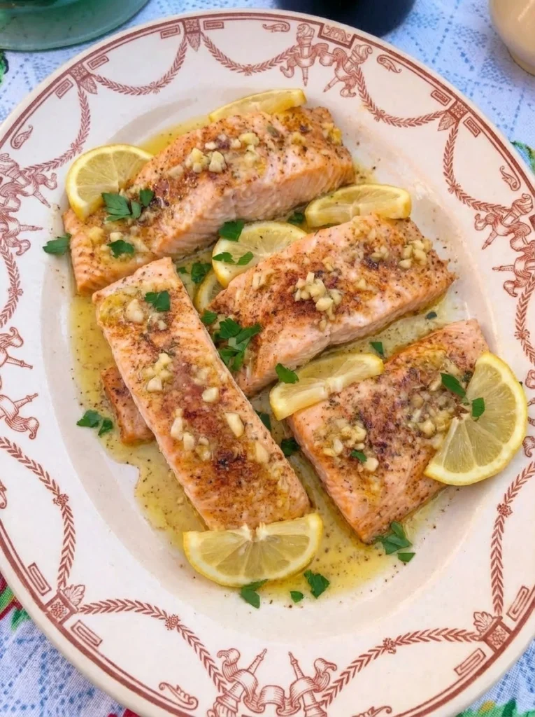 Lemon Garlic Baked Salmon plated on a white oval ceramic plate with glossy sauce and uneven golden brown edges