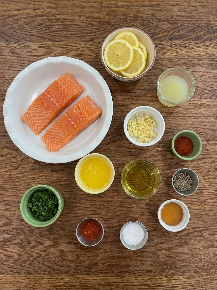 Raw ingredients for Lemon Garlic Baked Salmon in separate small containers
