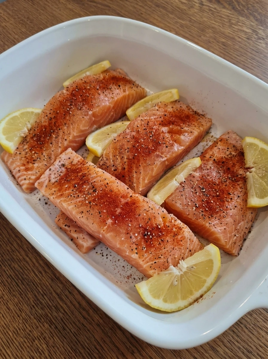 Raw salmon fillets seasoned with paprika salt and pepper in a white baking dish