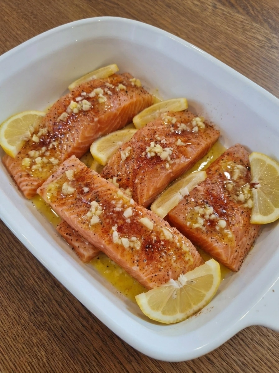 Raw salmon coated with lemon garlic butter in a white baking dish