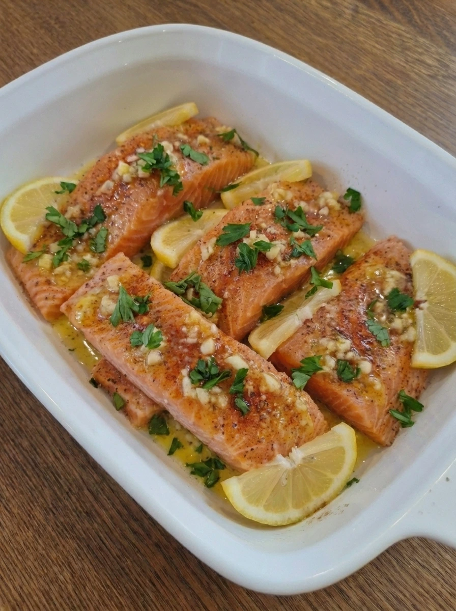 Coated salmon arranged with lemon slices and parsley in a white baking dish