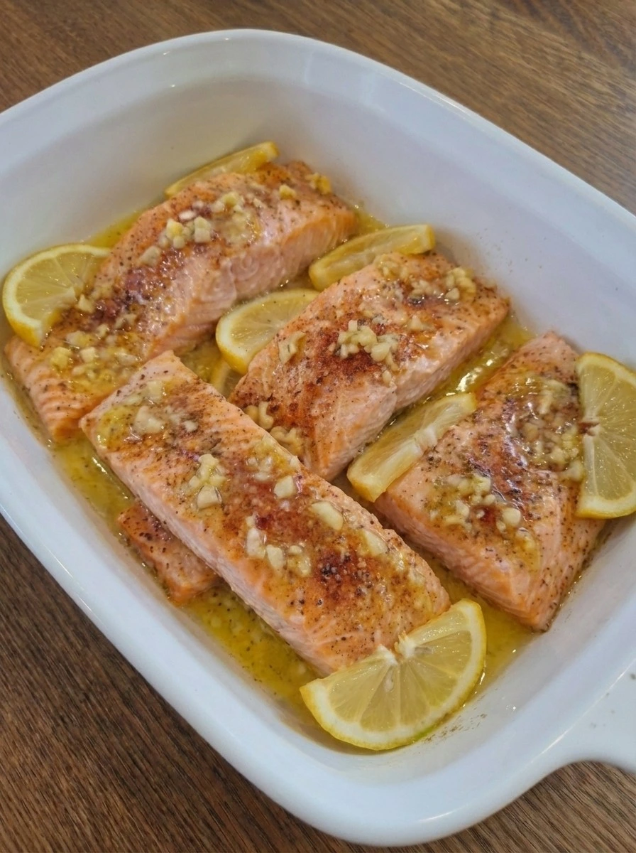 Cooked salmon with light golden brown spots and slightly thickened sauce