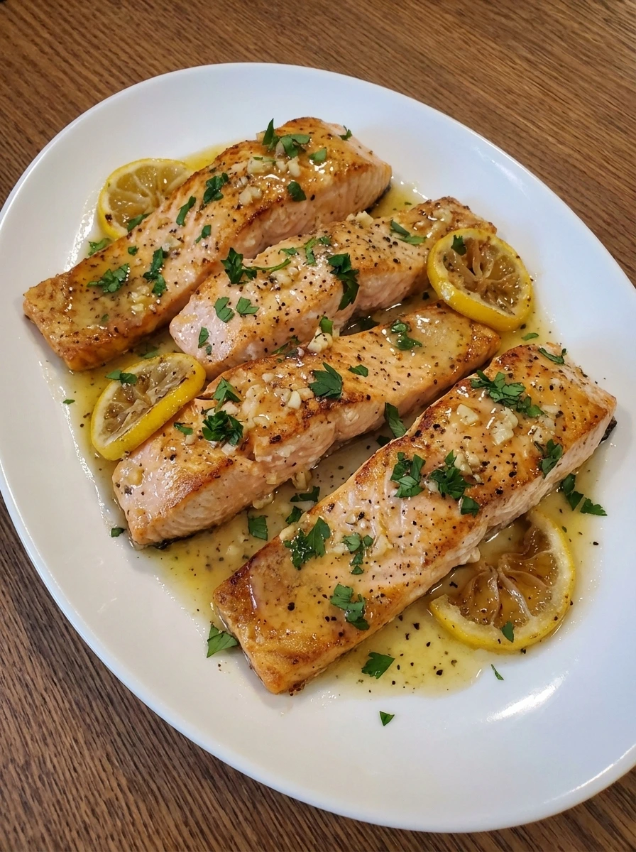 Plated Lemon Garlic Baked Salmon with glossy sauce and uneven golden brown edges