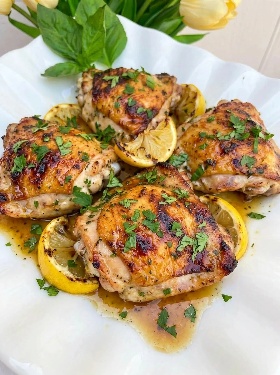 Lemon Herb Grilled Chicken Thighs on a white plate with herbs and lemon wedges.