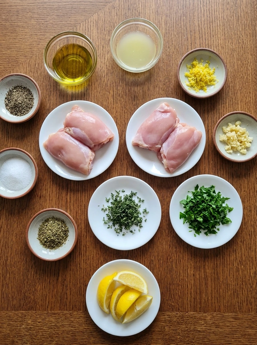 Raw ingredients for Lemon Herb Grilled Chicken Thighs arranged in separate containers.