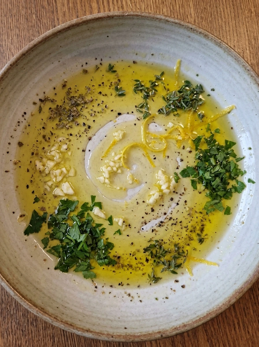 Lemon herb marinade mixed until glossy with herbs and garlic.