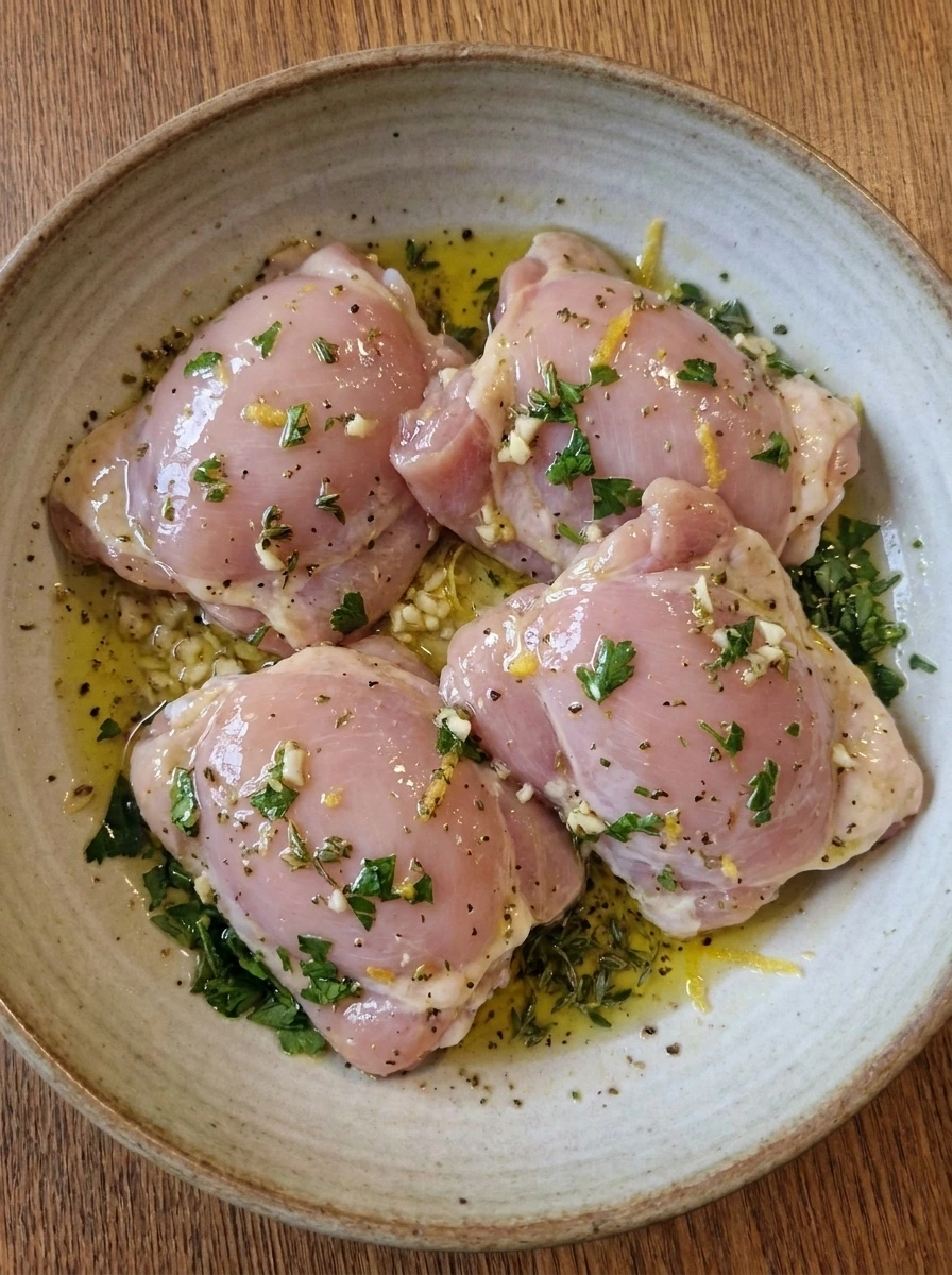 Chicken thighs coated in lemon herb marinade.