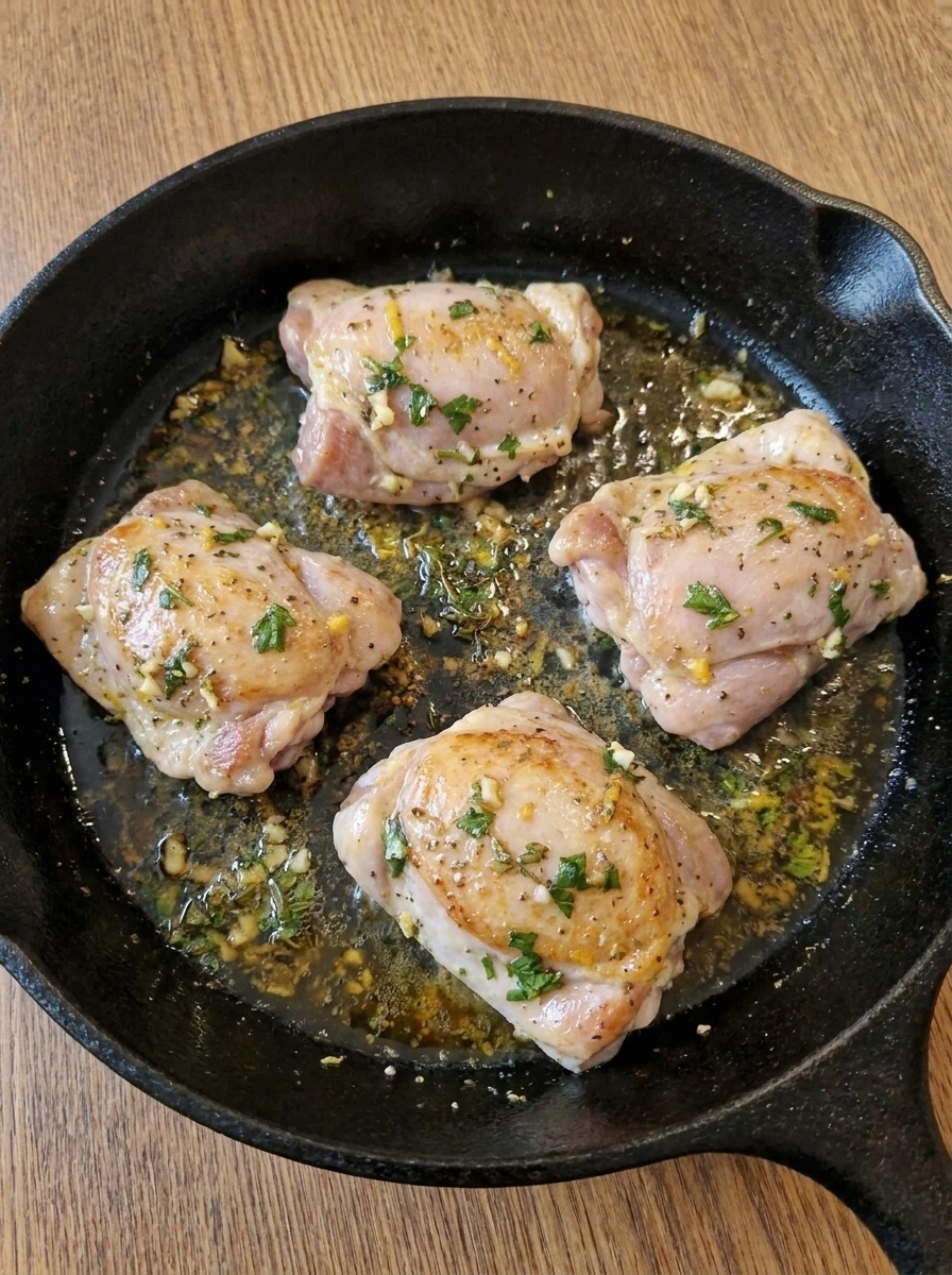 Chicken thighs cooking on the first side with edges turning opaque.