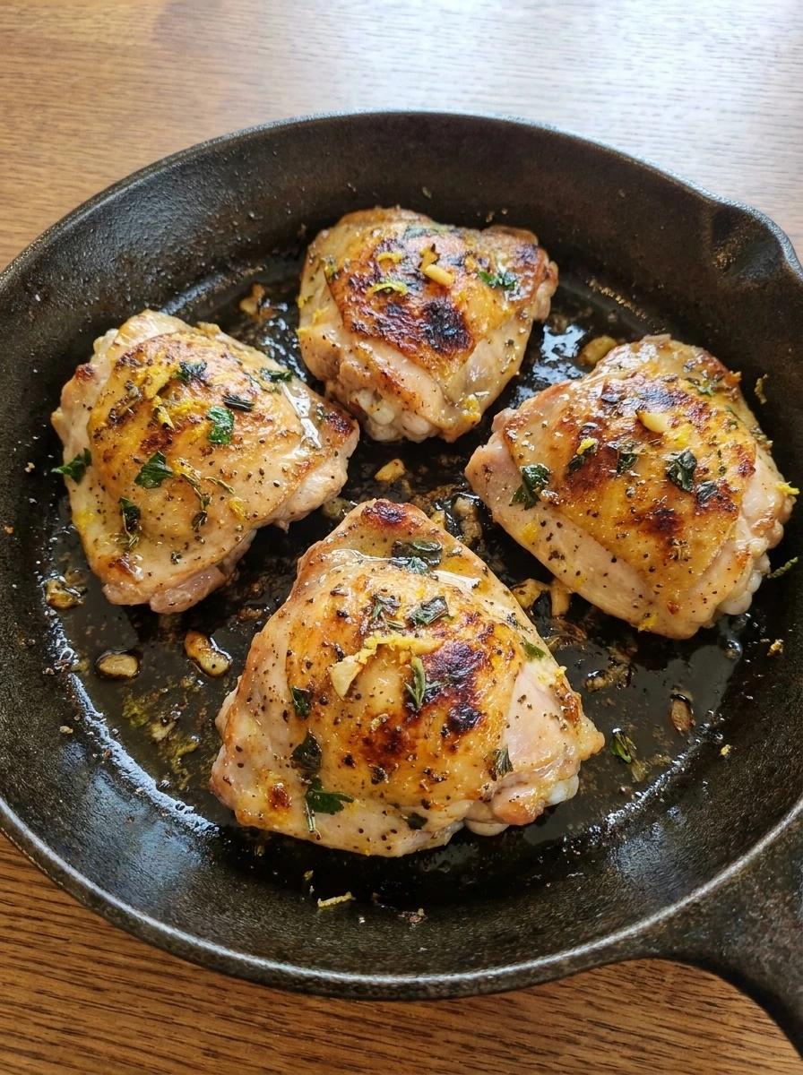 Chicken thighs flipped and browned with charred spots.