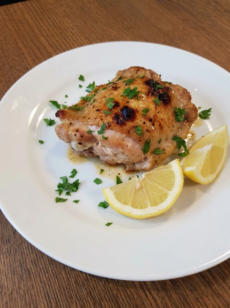 Plated Lemon Herb Grilled Chicken Thighs with lemon wedges.