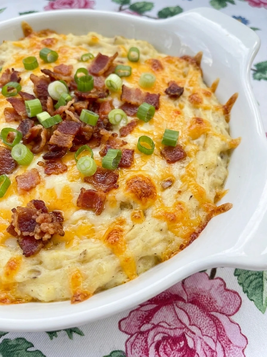 Loaded Baked Potato Dip in a white ceramic dish with melted cheddar bacon and green onions.