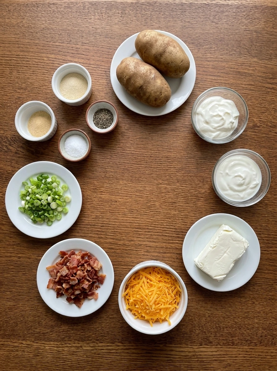 Ingredients for Loaded Baked Potato Dip arranged in separate containers.