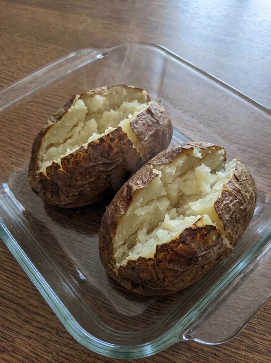 Baked russet potatoes split open in a baking dish.