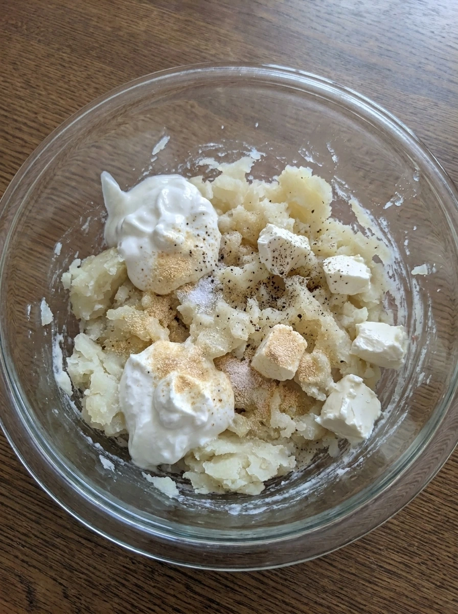Mashed potato dip base mixed with creamy ingredients in a bowl.
