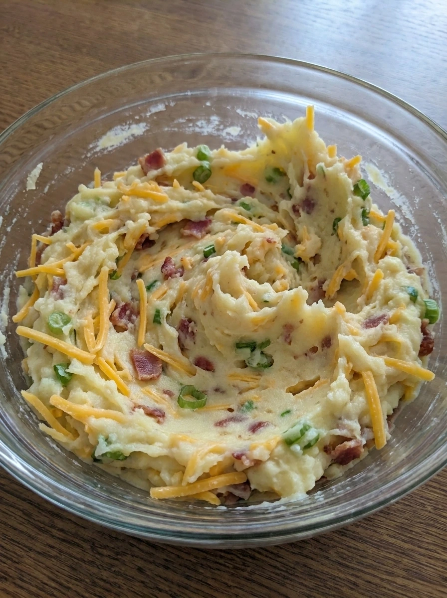 Potato dip with cheddar bacon and green onions folded in.