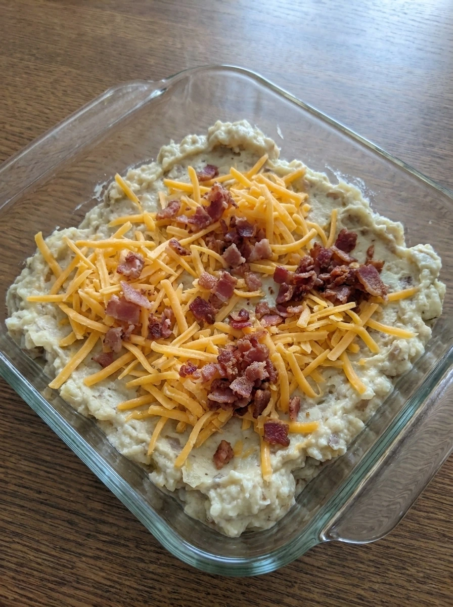 Loaded baked potato dip baked until bubbly with melted cheese and bacon.