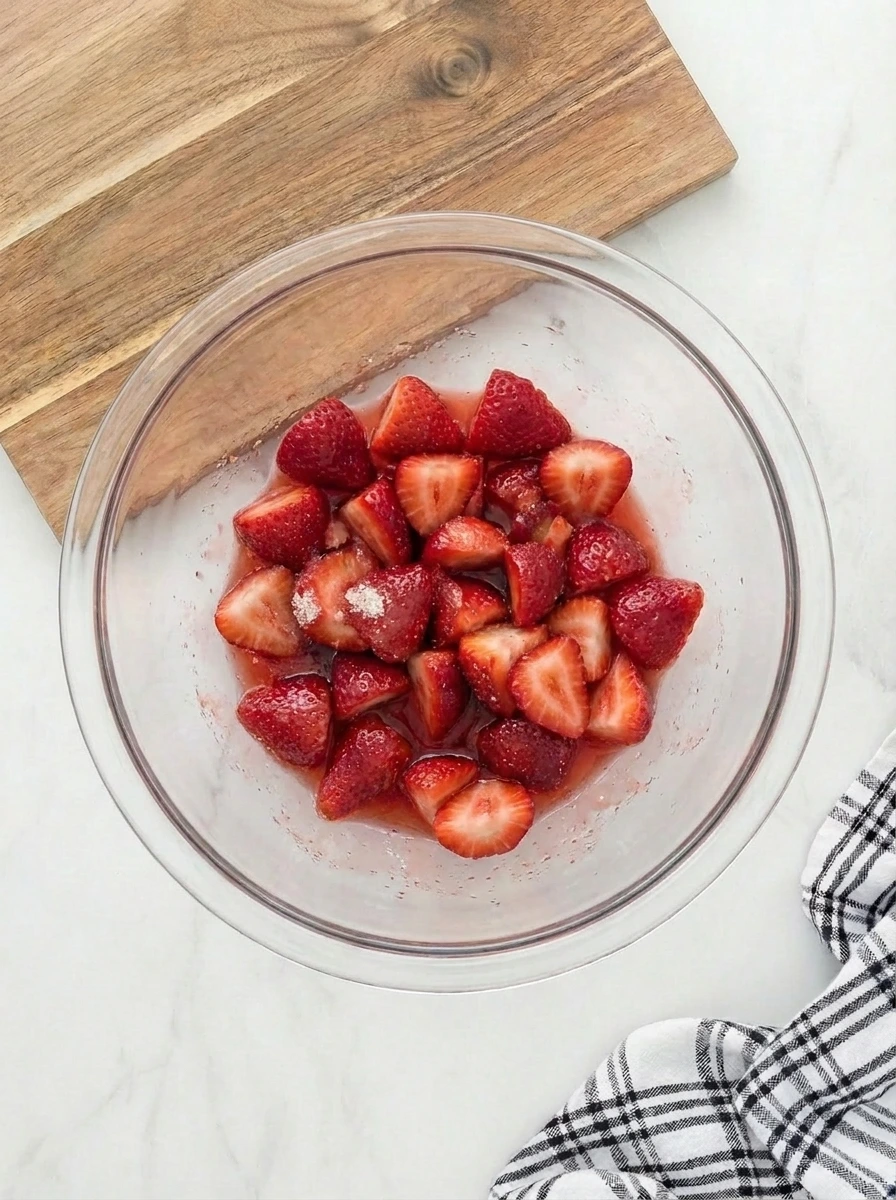 Fresh medium strawberries mixed with sugar and lemon juice until glossy.