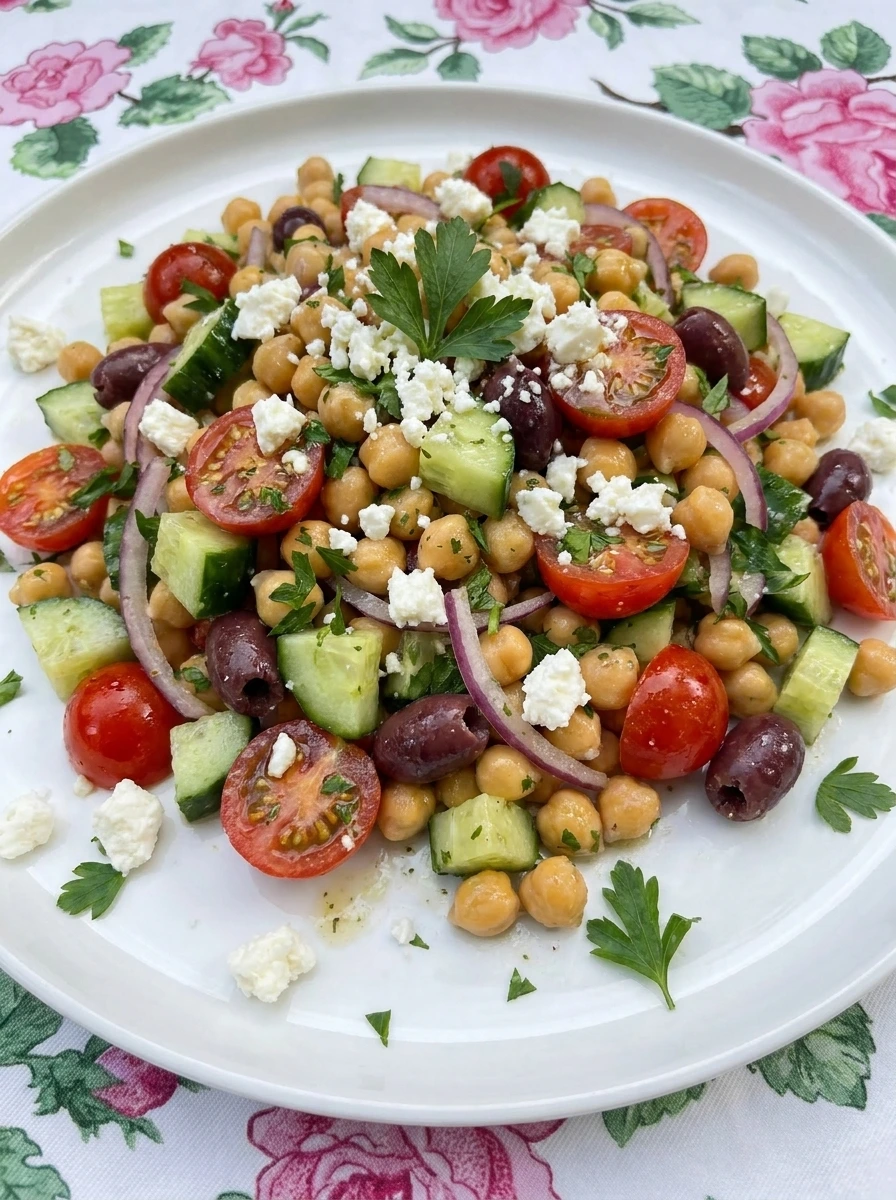 Mediterranean Chickpea Salad served on a white plate with feta olives cucumber and tomatoes