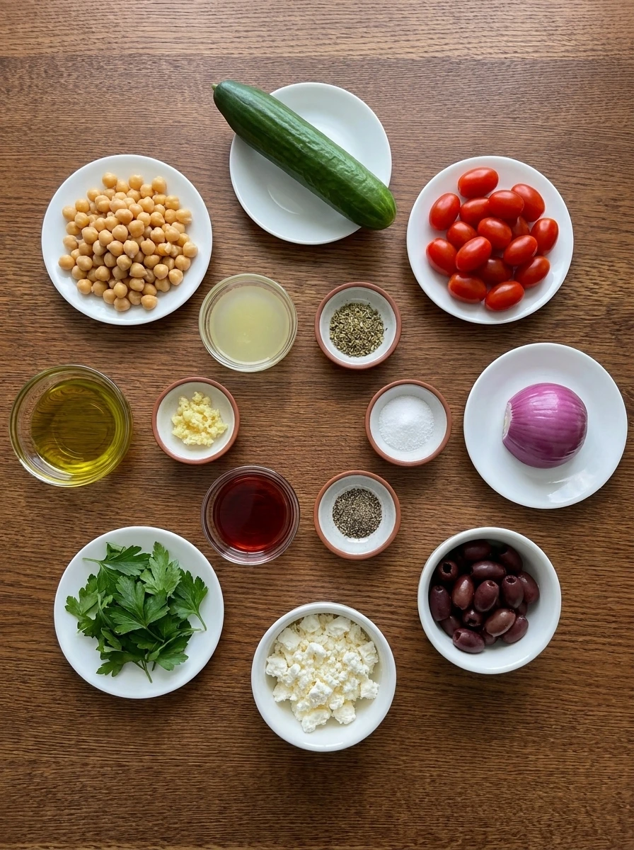Ingredients for Mediterranean Chickpea Salad arranged in separate containers