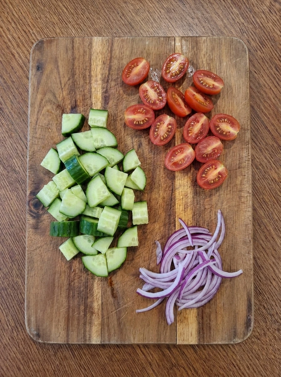 Diced cucumber halved tomatoes and sliced red onion in a bowl