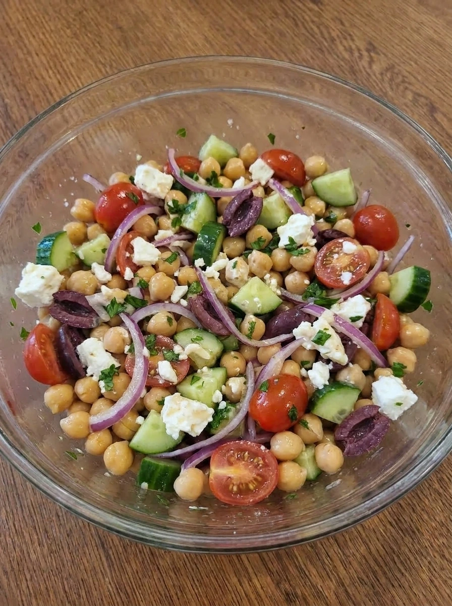 Mediterranean Chickpea Salad tossed until evenly coated