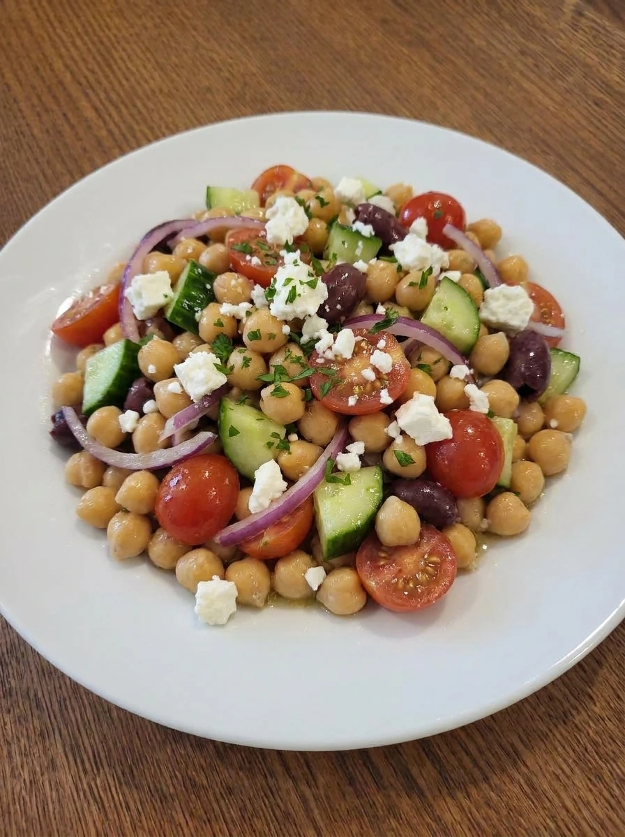 Plated Mediterranean Chickpea Salad with feta parsley olives and vegetables