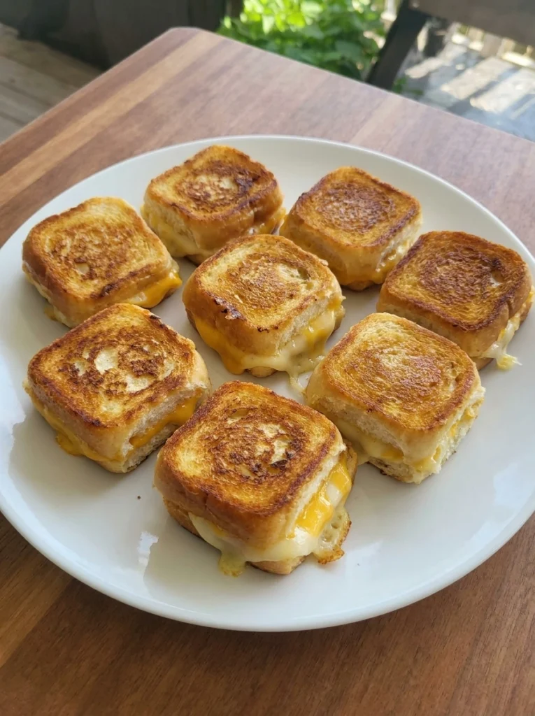 Mini Grilled Cheese Sliders on a white plate with golden tops and melted cheese.