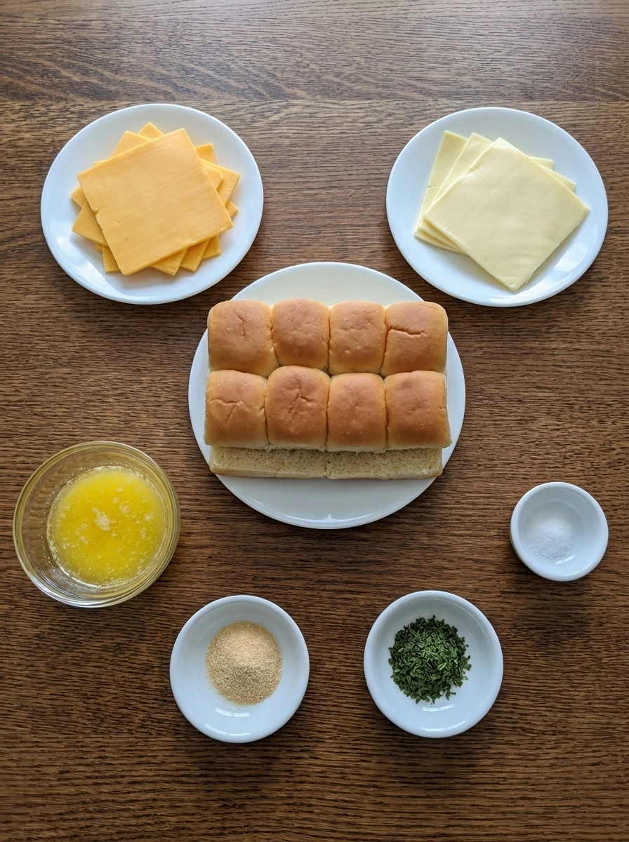 Ingredients for Mini Grilled Cheese Sliders arranged in separate containers.