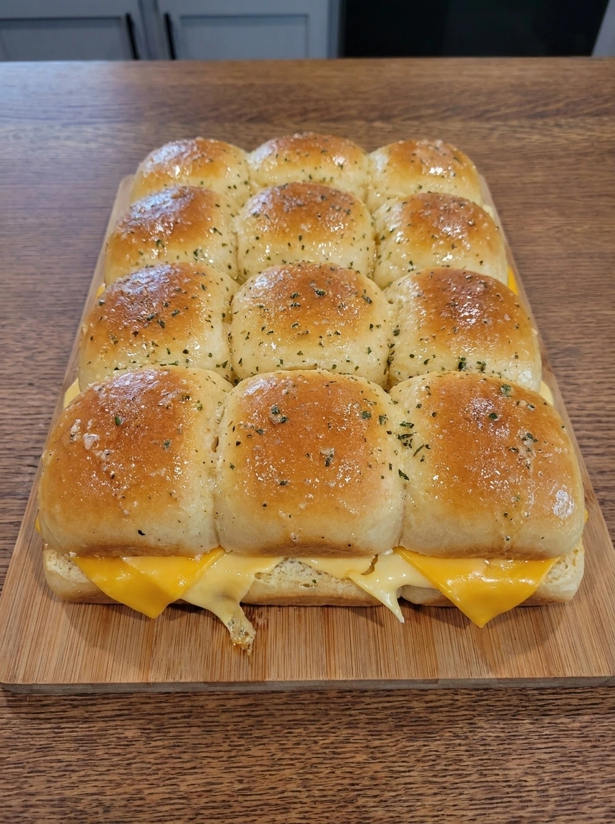 Cheese layered inside slider rolls with butter brushed over the tops.