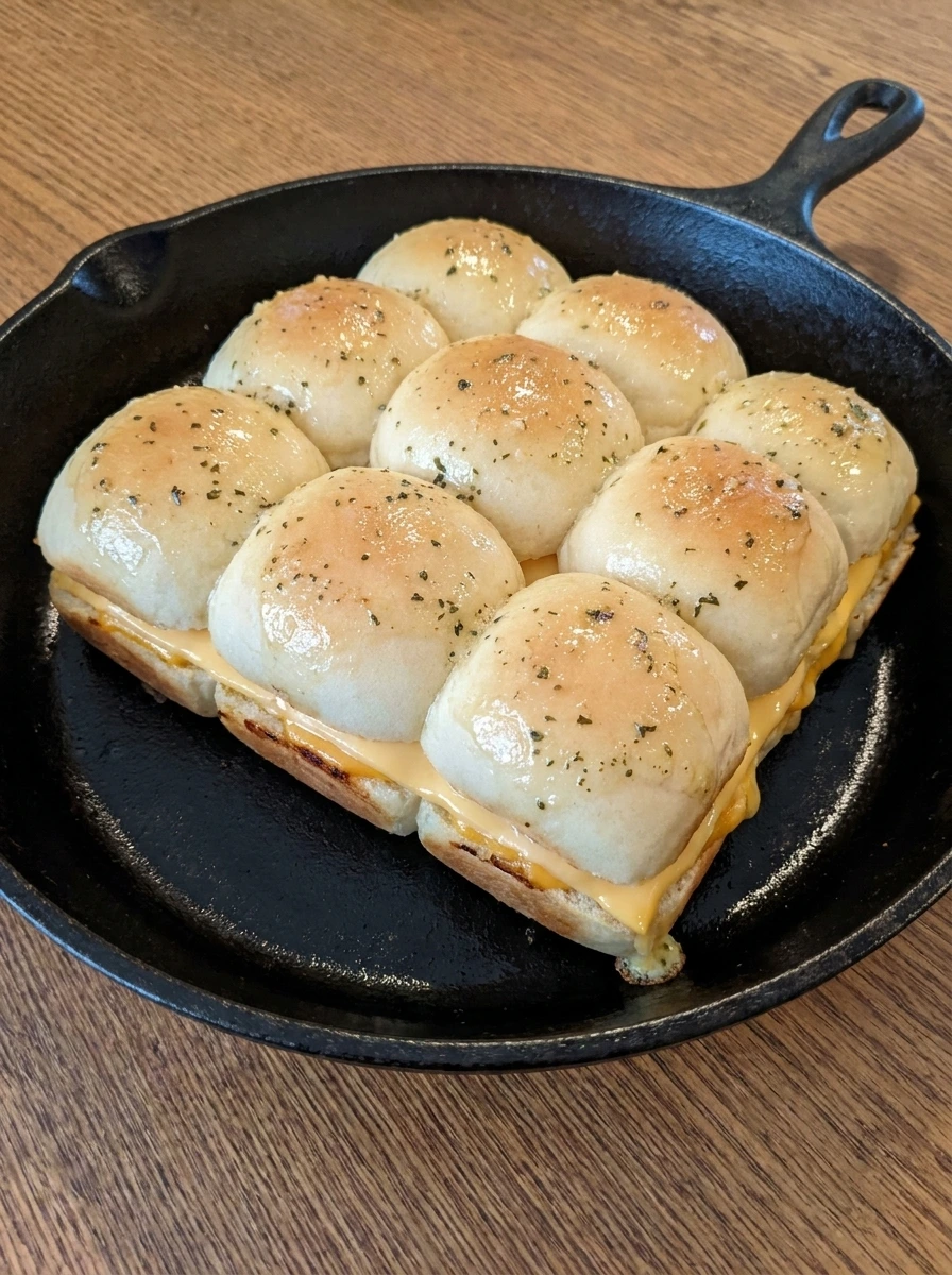 Mini Grilled Cheese Sliders cooking with bottoms turning lightly golden.