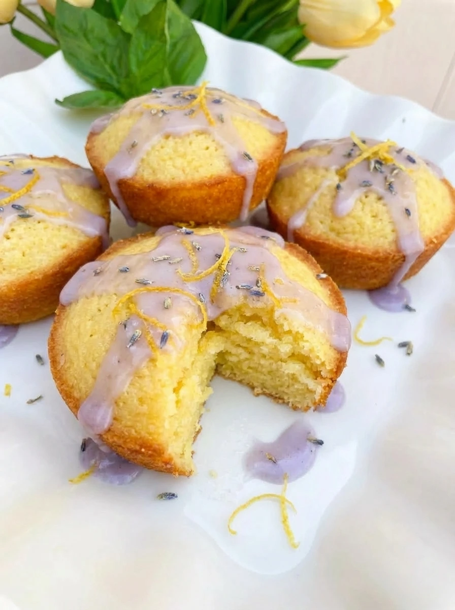 Mini Lemon Cakes with Lavender Glaze on a white scalloped dessert plate with uneven glaze and golden edges