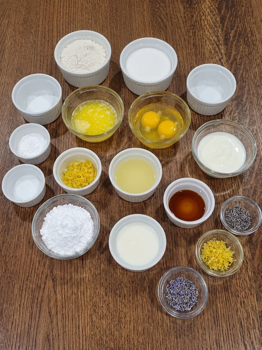 Raw ingredients for Mini Lemon Cakes with Lavender Glaze in separate small containers